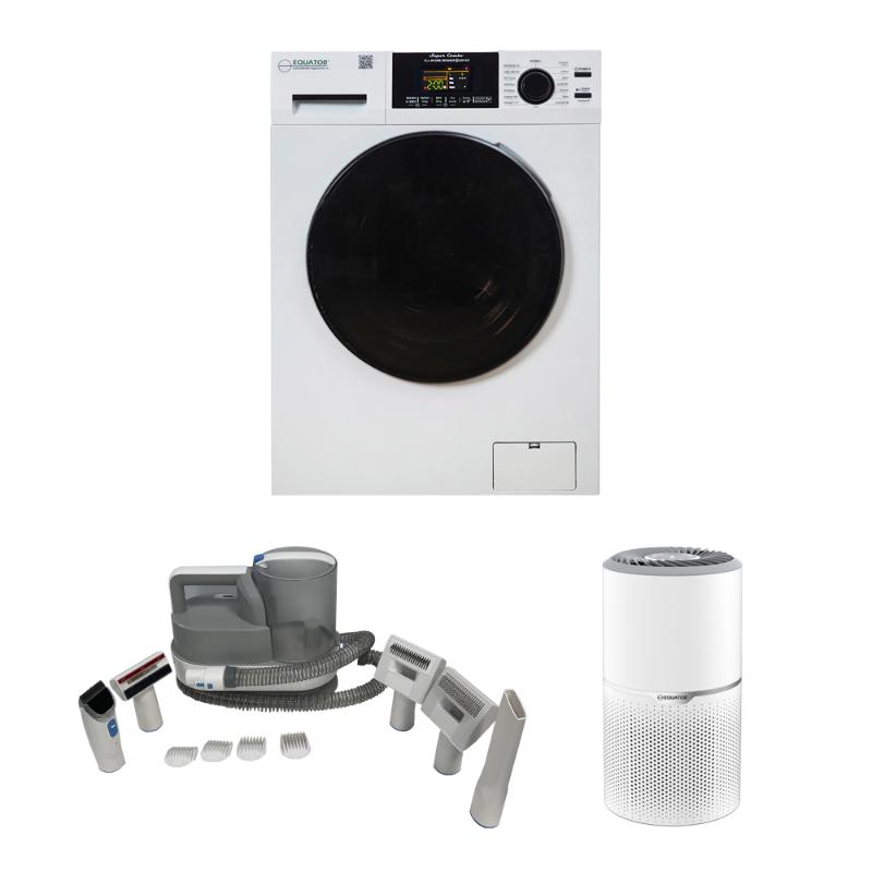 Equator Pet package of 1.62 cu.ft. Combo Washer Dryer + Advanced Pet Groomer & Air Purifier in White