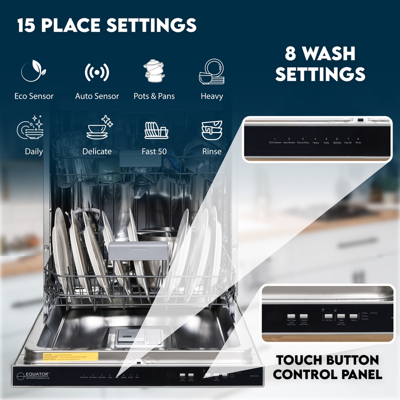 Equator 24 Inches Built-In Dishwasher w/ Top Control 15 Place Settings & 8 Wash Cycles