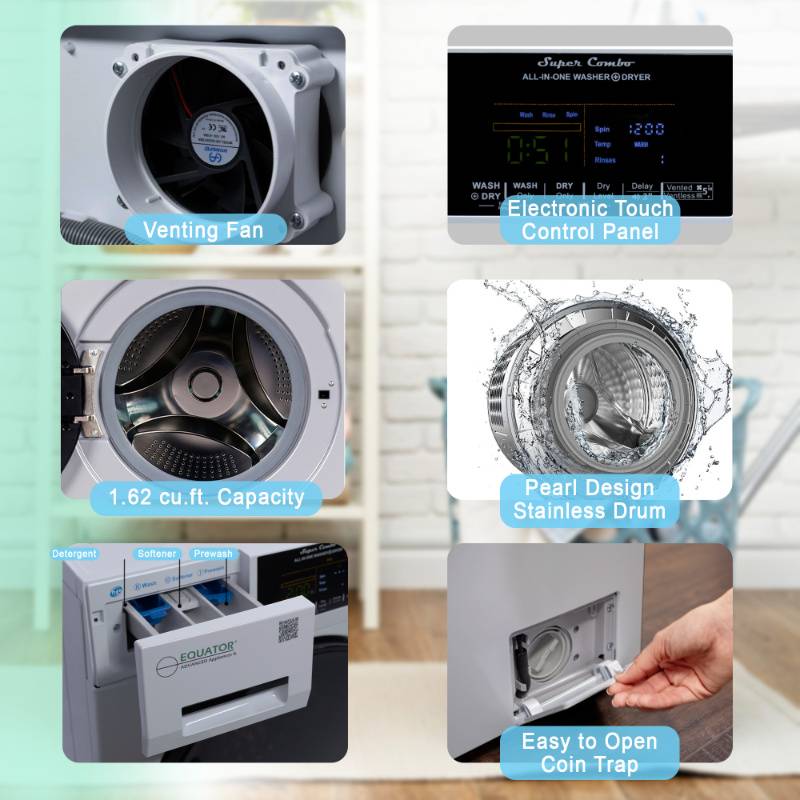 Equator 1.62 cu.ft./15 lbs All in One Combo Washer Dryer set with Pet Cycle in White appliances washer and dryer	machine