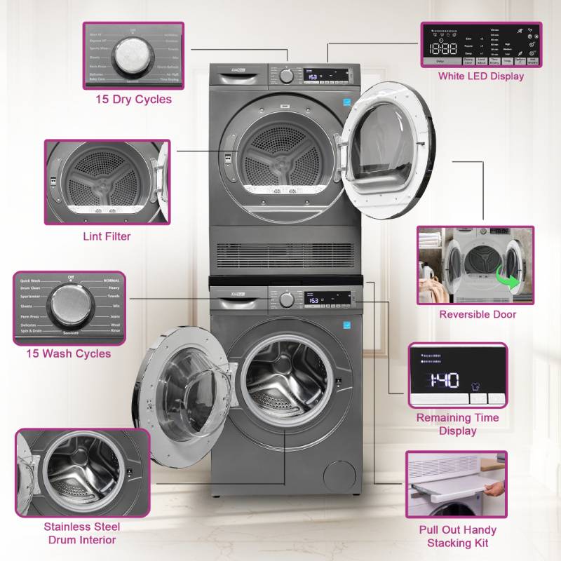 Equator Sani 2.2 cf 120 V Washer & 4 Cf 220V Condensing Dryer Made in Europe Titanium