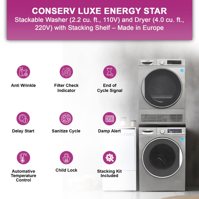Equator Sani 2.2 cf 120 V Washer & 4 Cf 220V Condensing Dryer Made in Europe Titanium