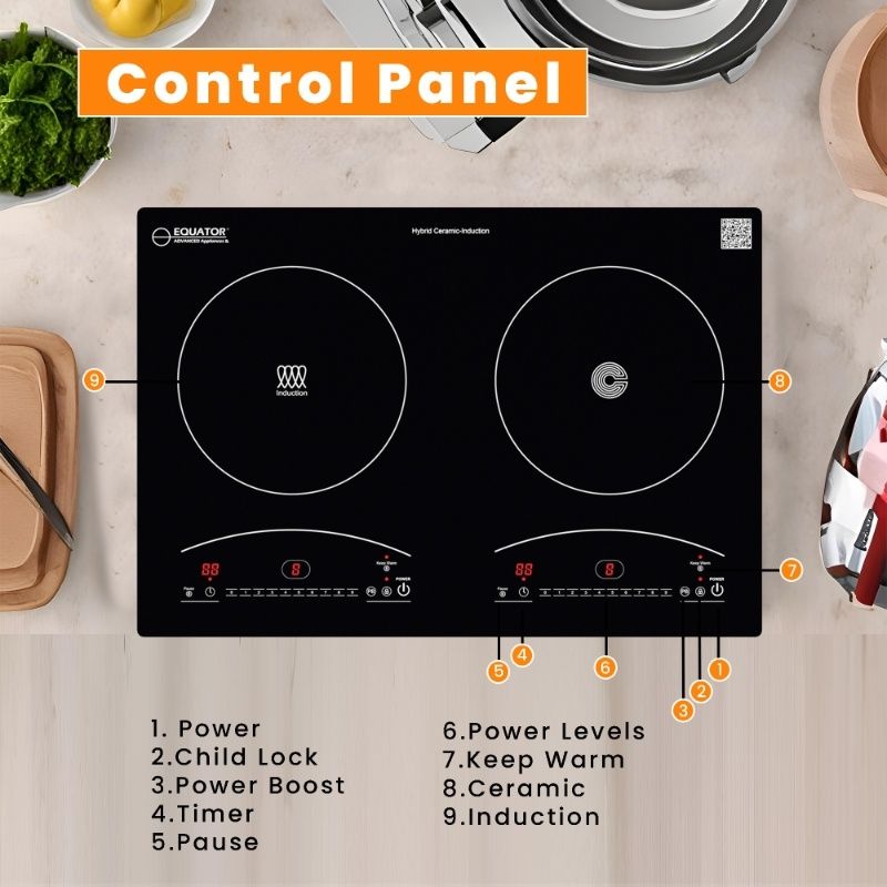 Equator 120V 20inch 2 Induction and 2 Ceramic Electric Hybrid Cooktop Black