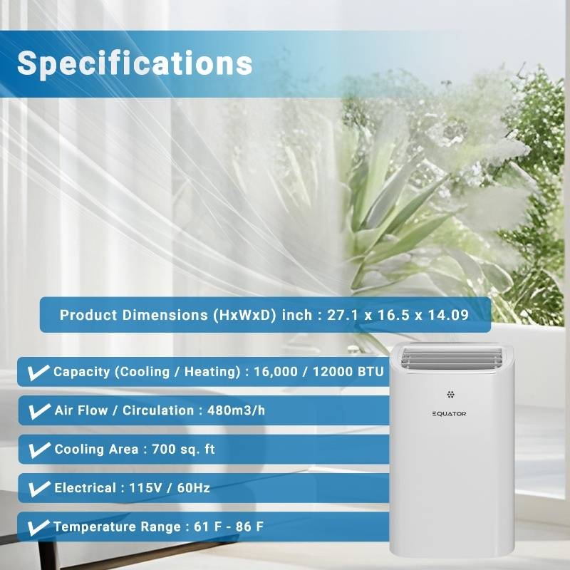 Equator 16000Btu PORTABLE AIR CONDITIONER Cool and Heat Indoor 700sf AutoSwing 110V