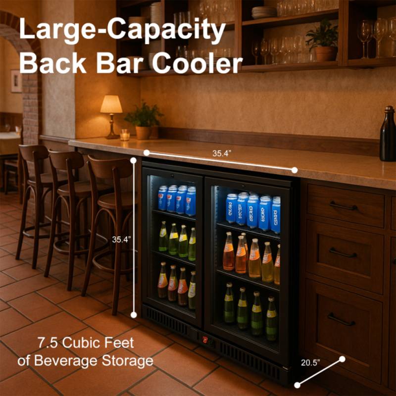 Equator-Vitlife  Back Bar Cooler with 2 Glass Doors Under Counter Beverage Refrigerator with LED,7.5 Cu.Ft.Counter Height Commercial Bar Fridge for Beer, Wine, Soda in Bar, Restaurant, Home