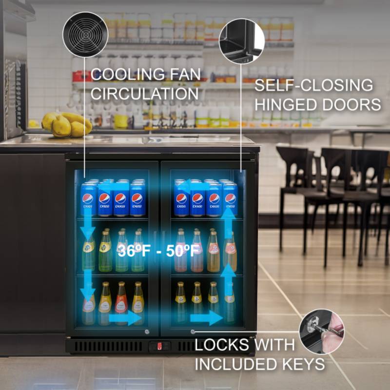 Equator-Vitlife  Back Bar Cooler with 2 Glass Doors Under Counter Beverage Refrigerator with LED,7.5 Cu.Ft.Counter Height Commercial Bar Fridge for Beer, Wine, Soda in Bar, Restaurant, Home
