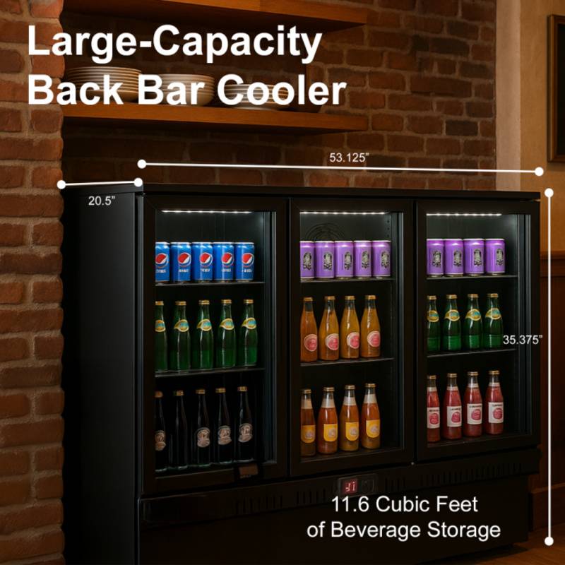 Equator-Vitlife Back Bar Cooler with 3 Glass Doors Under counter Beverage Refrigerator with LED,11.6 Cu.Ft. Counter Height Commercial Bar Fridge for Beer, Wine, Soda in Bar, Restaurant, Home