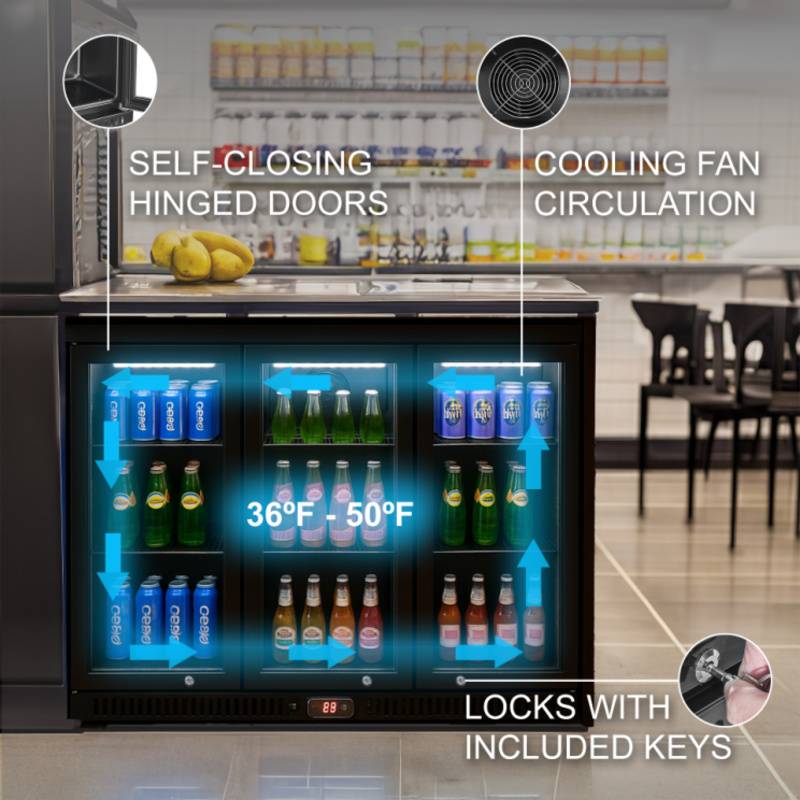 Equator-Vitlife Back Bar Cooler with 3 Glass Doors Under counter Beverage Refrigerator with LED,11.6 Cu.Ft. Counter Height Commercial Bar Fridge for Beer, Wine, Soda in Bar, Restaurant, Home
