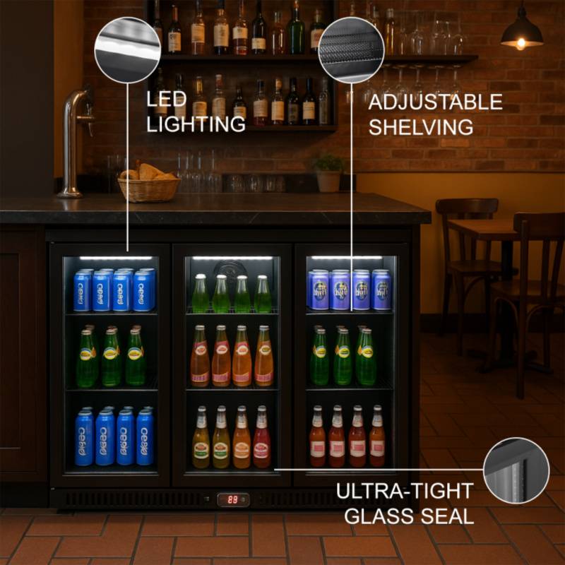Equator-Vitlife Back Bar Cooler with 3 Glass Doors Under counter Beverage Refrigerator with LED,11.6 Cu.Ft. Counter Height Commercial Bar Fridge for Beer, Wine, Soda in Bar, Restaurant, Home