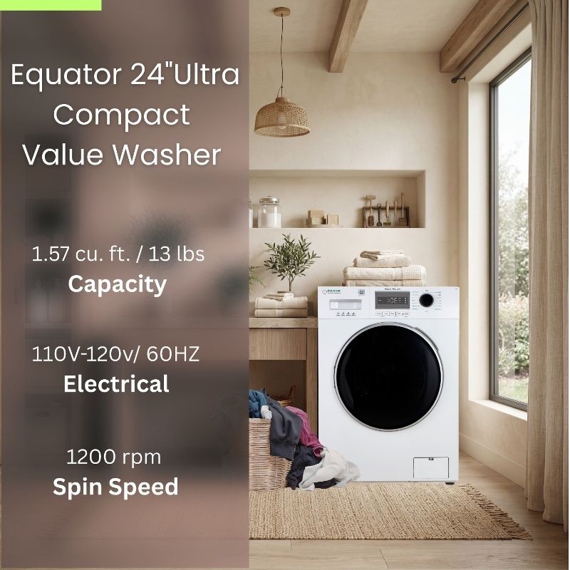 Equator Compact Washer 1.57cf/13lbs POWER WASH 15 Programs 1200rpm 110V