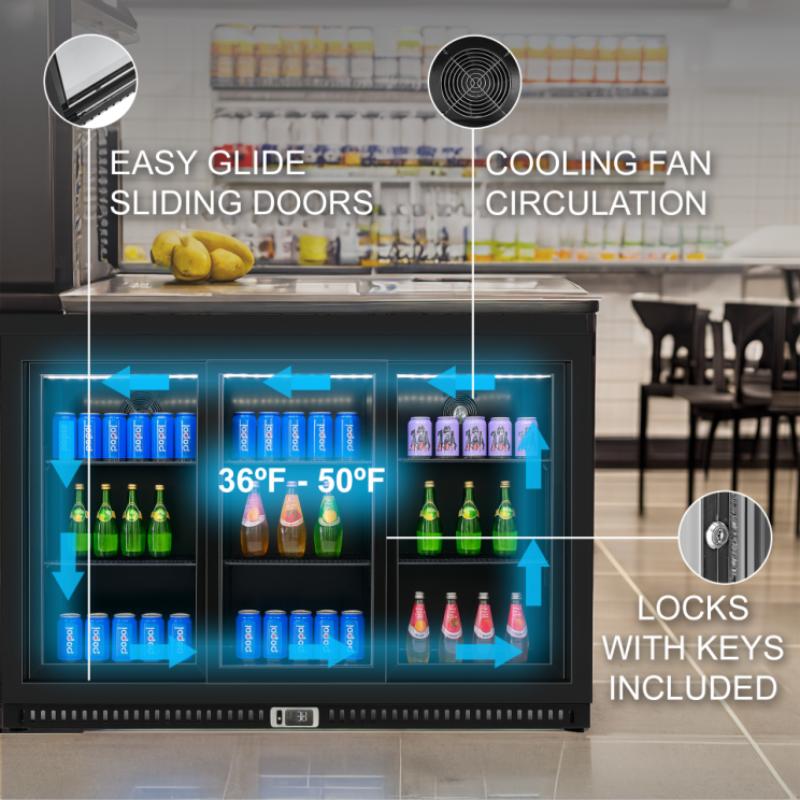 Equator-Vitlife Back Bar Cooler with 3 Sliding Glass Doors 11.6 Cu Ft 53 Wide Under Counter Beverage Refrigerator with LED Commercial Bar Fridge for Beer Wine Soda for Kitchen Shop Bar ETL Listed